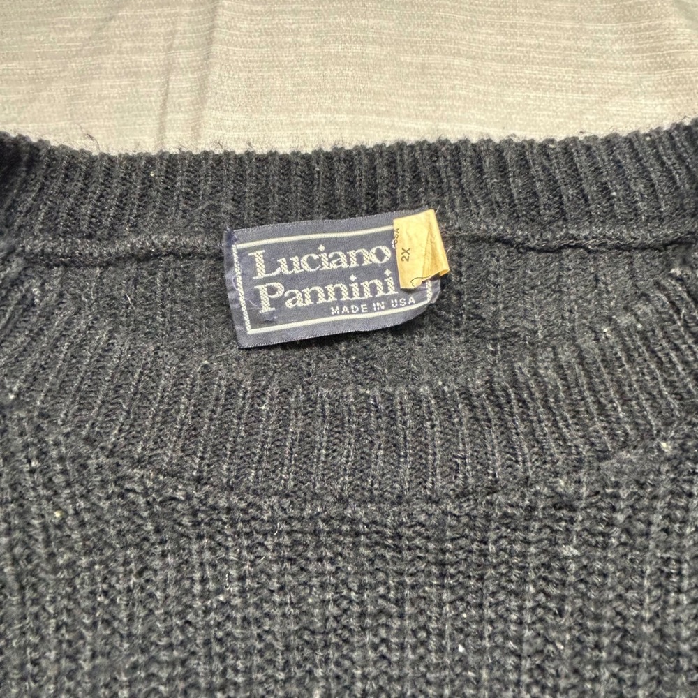 Luciano Pannini Vintage Mens 2X Crewneck Sweater Black Blue Stripe Made in USA - Picture 3 of 8